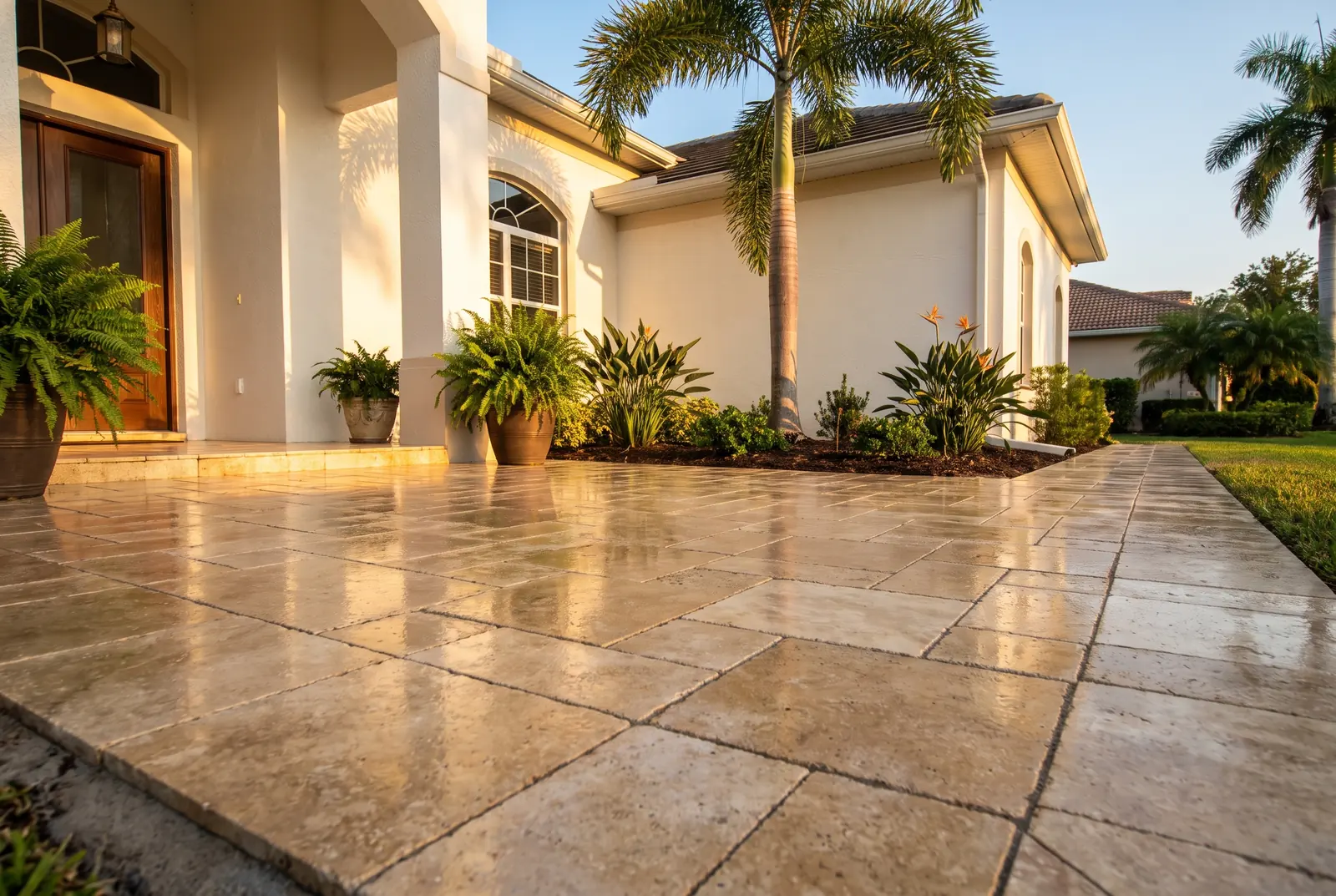 Freshly cleaned and sealed paver patio and walkway beside a white stucco home at golden hour, the stones warm with a satin sheen and crisp sand joints, ferns and a royal palm behind