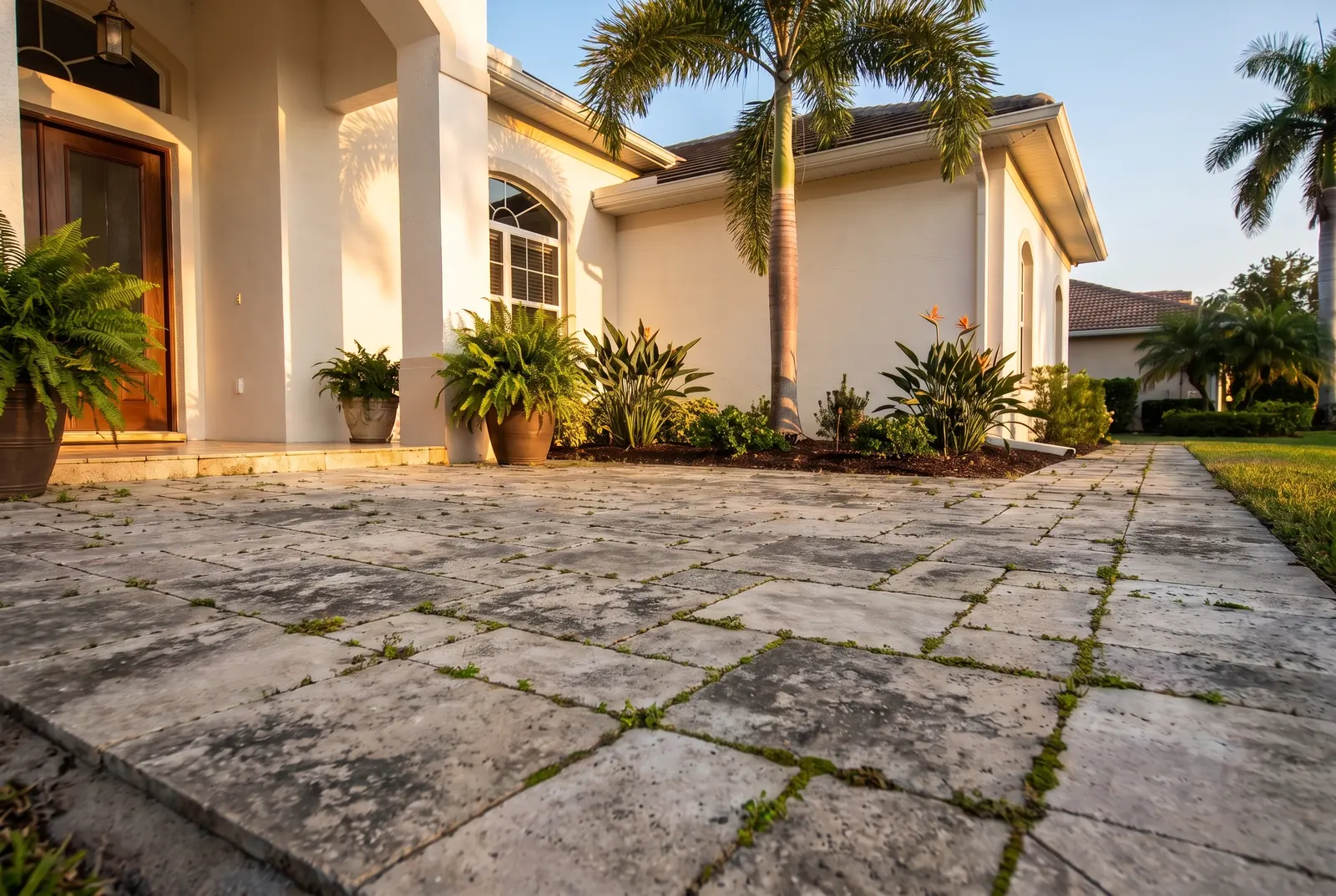 The same paver patio before cleaning, dull and dark with mildew, grime and weeds sprouting from the joints