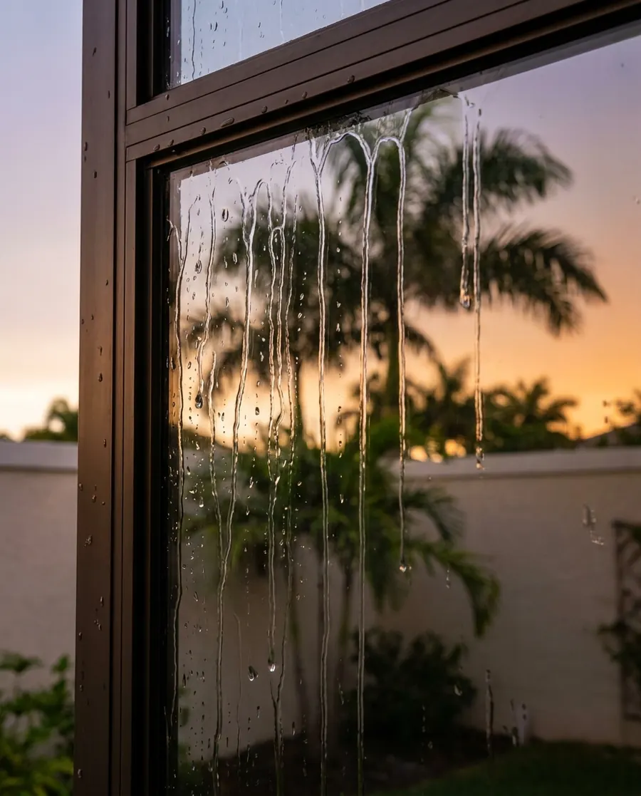 Clean water sheeting down a large exterior window pane in a dark bronze frame, the glass reflecting palms and a warm evening sky