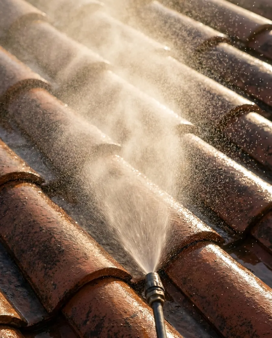A low-pressure spray fan of cleaning solution misting over terracotta barrel roof tiles in warm morning light, the tip of the spray wand at the bottom edge