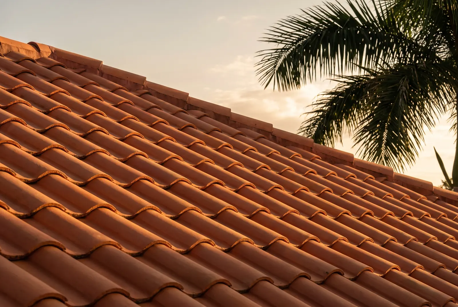 Close-up of a freshly cleaned terracotta barrel-tile roof at golden hour, uniform warm orange tiles with the ridge running diagonally and a royal palm frond against the sky