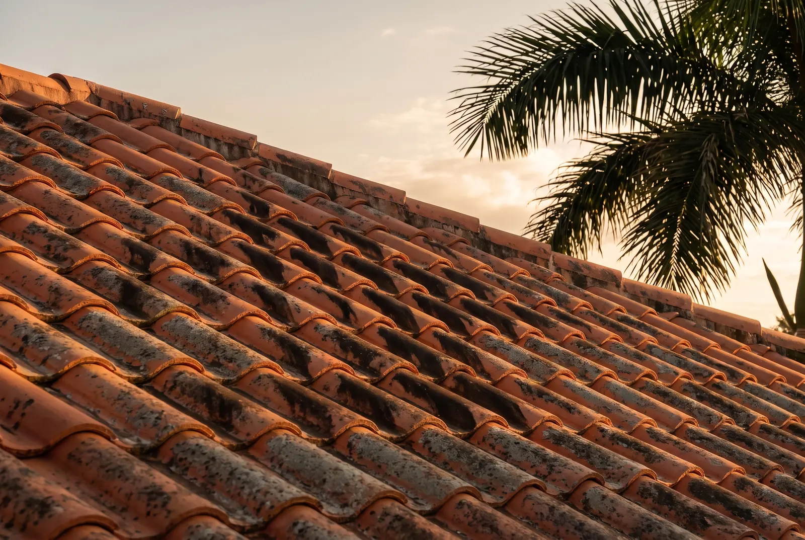 The same roof before cleaning, the barrel tiles streaked black with algae and blotched with gray-green mildew