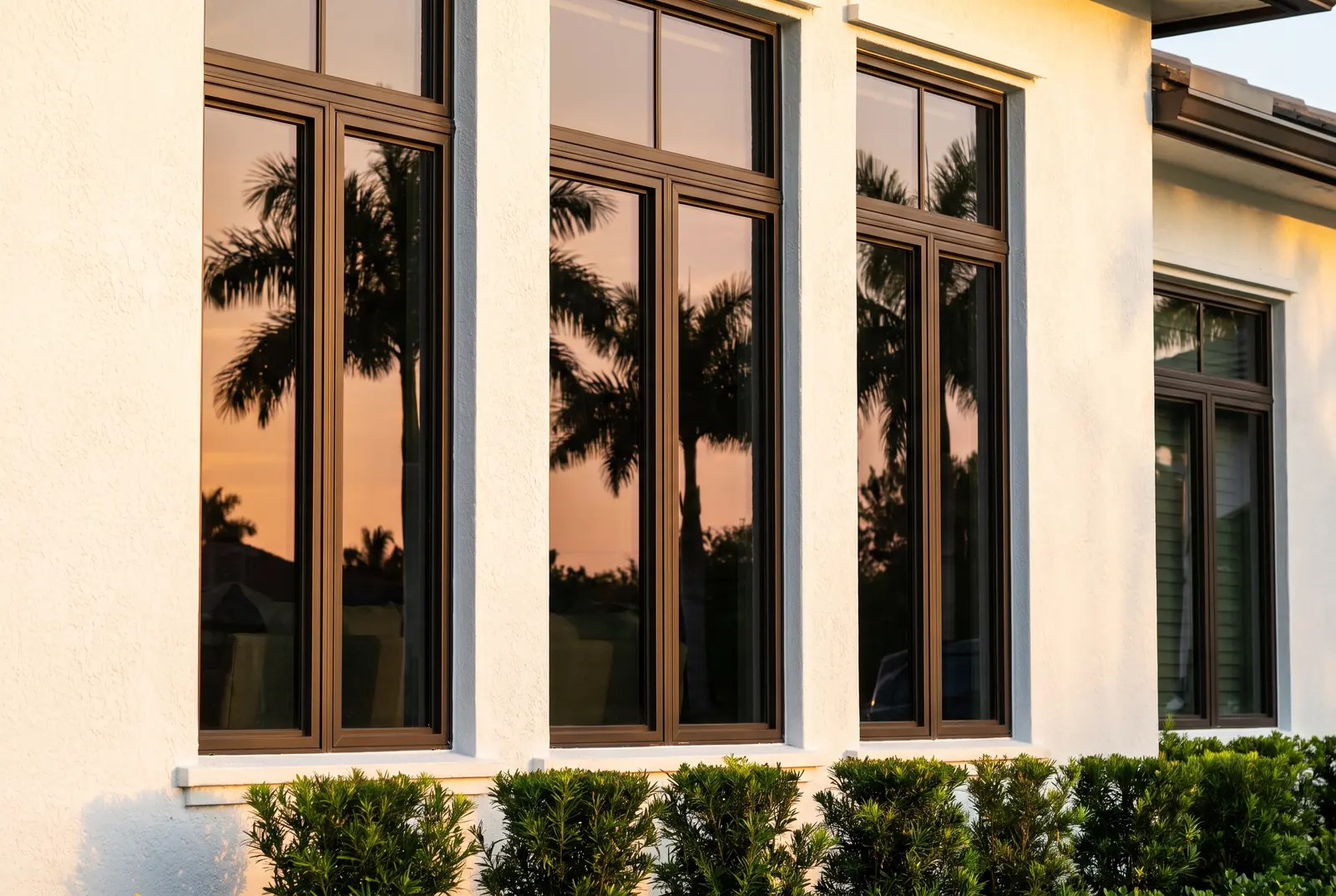 Tall exterior windows in dark bronze frames on a white stucco home, the spotless glass reflecting royal palms and a warm evening sky, trimmed hedges below