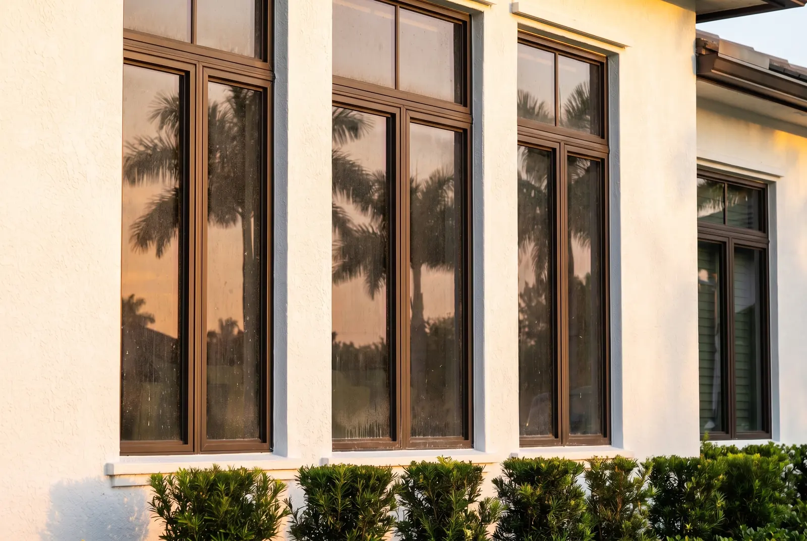 The same windows before cleaning, the glass hazy with dust, water spots and salt film, the reflections faint